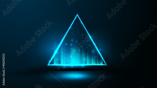 Blue digital hologram neon triangle Border with copy space in dark room. Neon triangular frame on dark background
