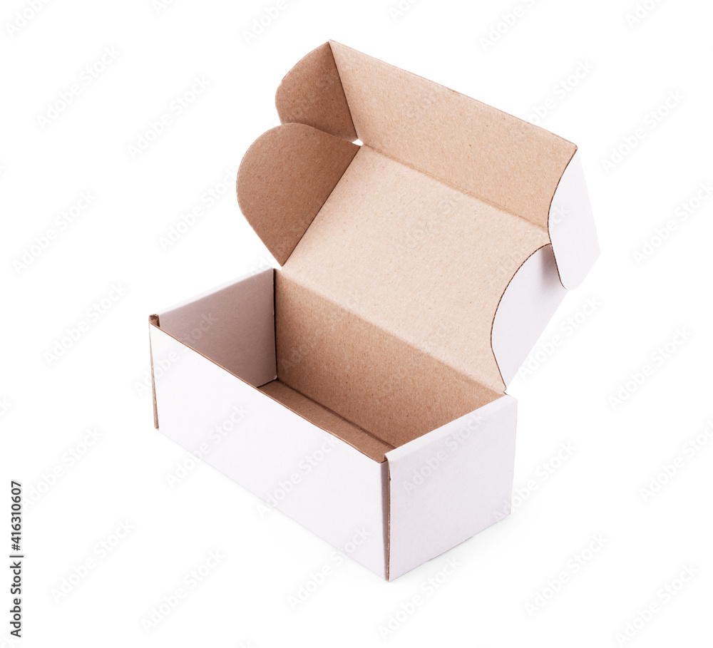 Brown cardboard box isolated on white background with clipping path. Suitable for food, cosmetic or medical packaging.