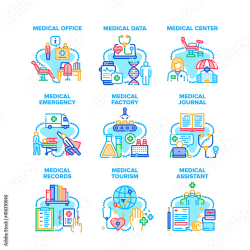 Fototapeta Naklejka Na Ścianę i Meble -  Medical Emergency Set Icons Vector Illustrations. Medical Center Office And Factory For Medicaments Production, Assistant And Doctor, Journal And Data, Tourism And Records Color Illustrations