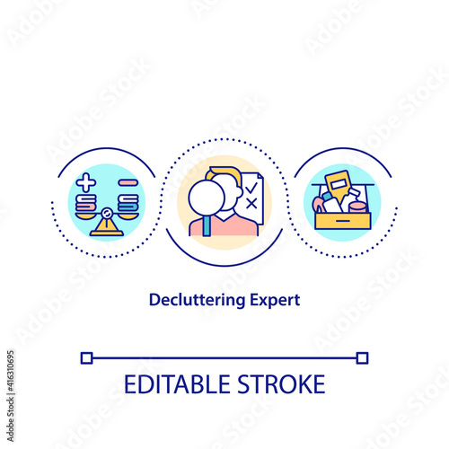 Decluttering expert concept icon. Professional organizers that help to deal with mess in your house. Tidy idea thin line illustration. Vector isolated outline RGB color drawing. Editable stroke