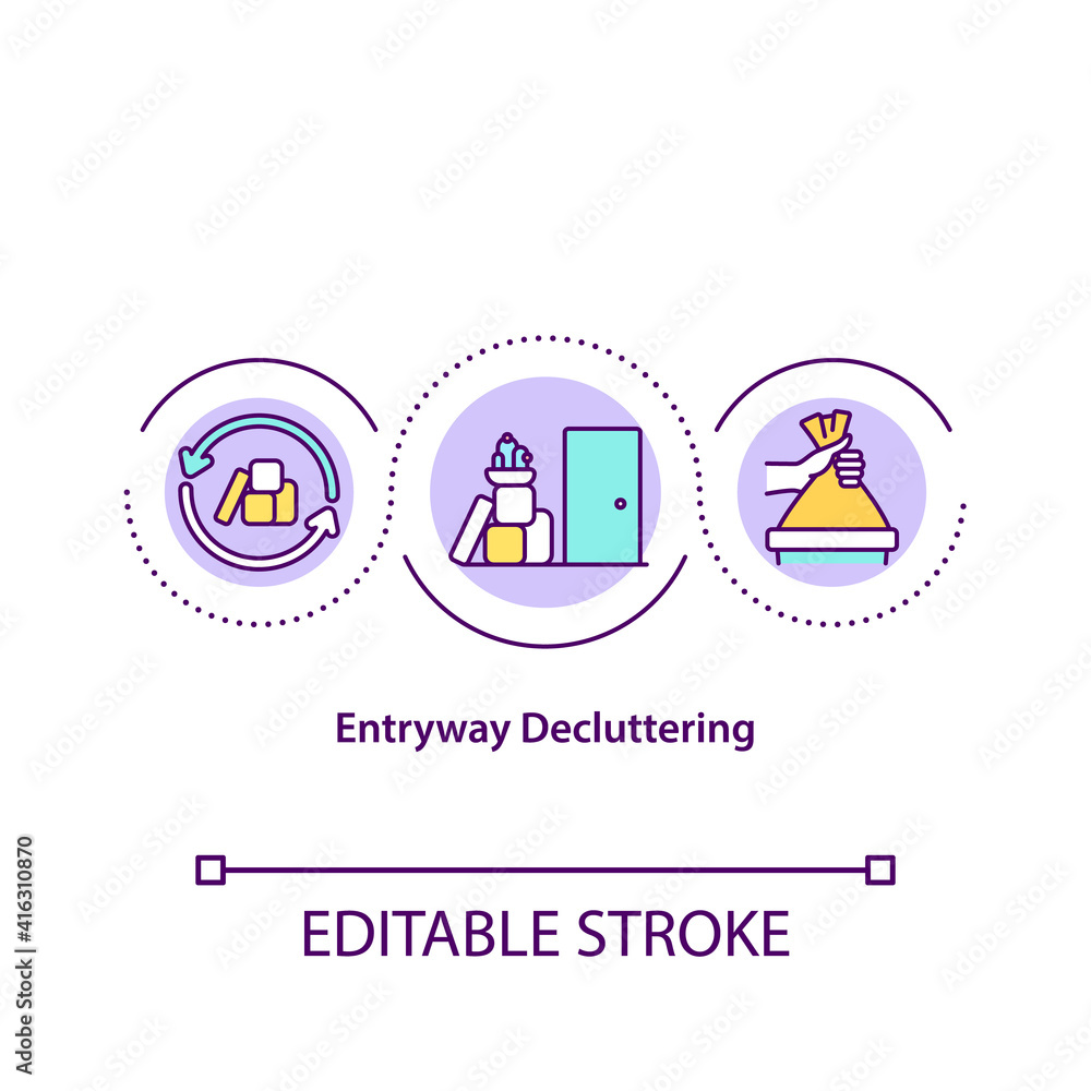 Entryway decluttering concept icon. Home organazing challenge. Cleaning your house doorstep. Tidy idea thin line illustration. Vector isolated outline RGB color drawing. Editable stroke Entryway decluttering concept icon. Home organazing challenge. Cleaning your house doorstep. Tidy idea thin line illustration. Vector isolated outline RGB color drawing. Editable stroke