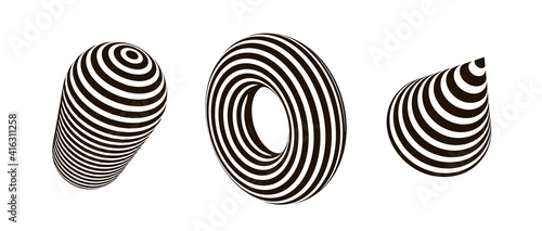 Set of cone, torus, cylinder. Geometric vector 3d shapes isolated on white background. EPS 10.