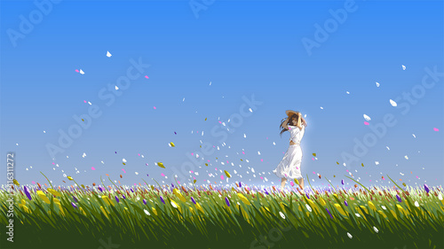 beautiful woman standing in the flower field on a summer day, vector illustration