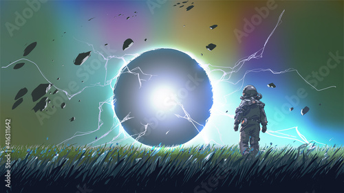 spaceman standing and looking at a mysterious sphere, vector illustration