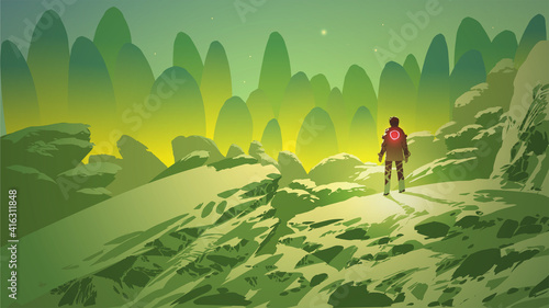 man in fantasy landscape looking at the distant green mountains, vector illustration