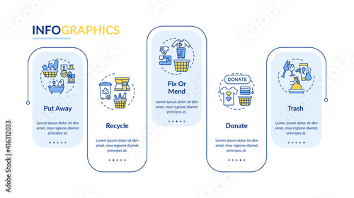 Ways to declutter things vector infographic template. Donate and recycle presentation design elements. Data visualization with 5 steps. Process timeline chart. Workflow layout with linear icons