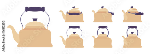 Tea retro kettle set, teapot in classic design. Household appliance with lid, spout, handle for boiling water. Vector flat style cartoon illustration isolated on white background and different views