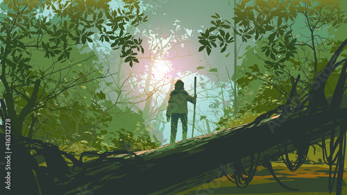 traveler standing on a fallen tree in the forest, vector illustration