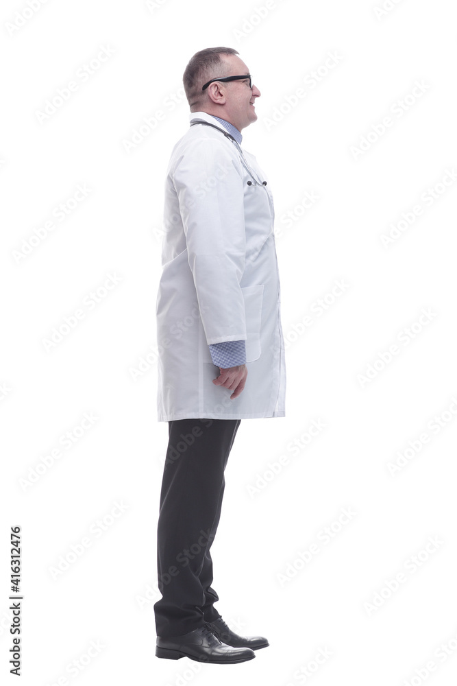 side view. smiling mature doctor looking forward side view. smiling mature doctor looking forward