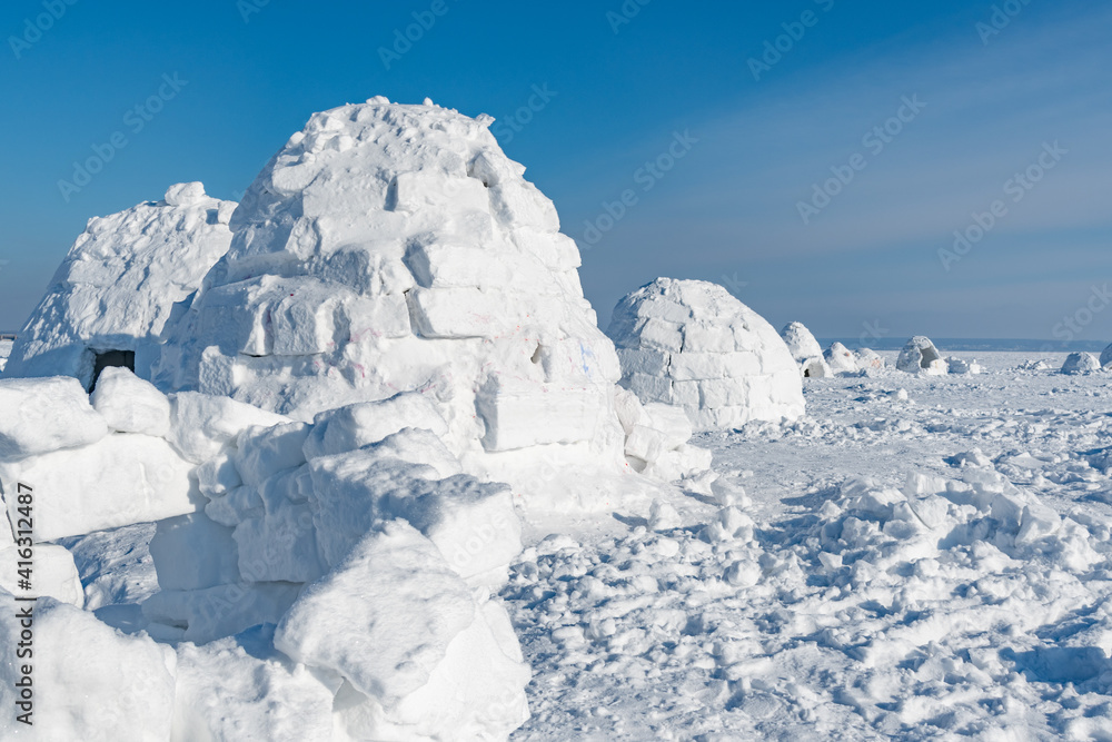 Winter dwelling of Eskimos. Igloo. Eskimos village.