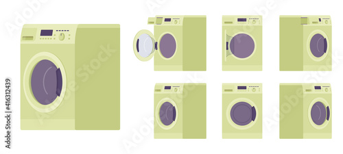 Washing Machine green set, laundry clothes washer home appliance. Front loader automatic modern household equipment. Vector flat style cartoon illustration isolated on white background, different view
