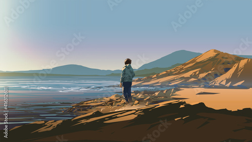 man standing on a rock looking at the shore on a sunny day, vector illustration