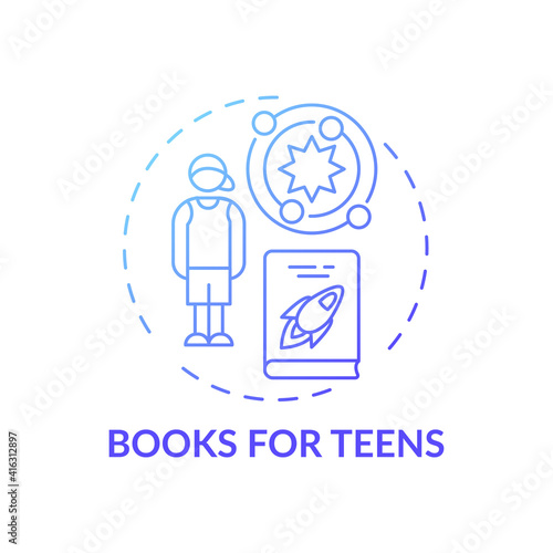 Books for teens concept icon. Online library categories idea thin line illustration. New technology. Science literature. Important educational matherials. Vector isolated outline RGB color drawing.