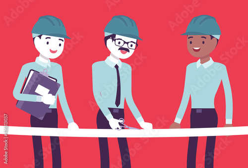 Ribbon cutting ceremony for engineering business people. Men wearing builder hard hats, architects opening new project, launching new building. Vector creative stylized illustration