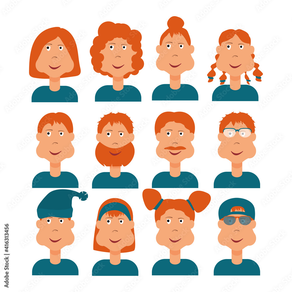 red-haired characters, several comic people with different hair and accessories on their heads in blue clothes red-haired characters, several comic people with different hair and accessories on their heads in blue clothes