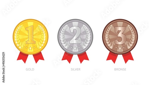 Vector set of medals icons. Gold, silver, bronze awards with red ribbons