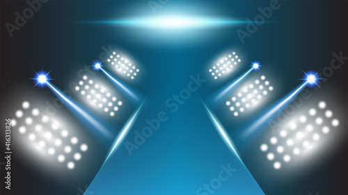 Abstract background stadium stage hall with scenic lights of round futuristic technology user interface Blue vector lighting empty stage spotlight background.