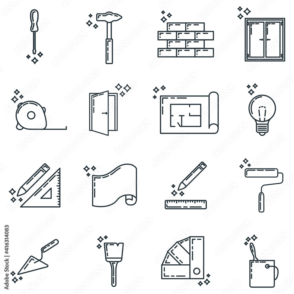 Big set of repair design house 16 icon, concept renovation tool stuff instrument toolkit line art flat vector illustration, isolated on white. Big set of repair design house 16 icon, concept renovation tool stuff instrument toolkit line art flat vector illustration, isolated on white.