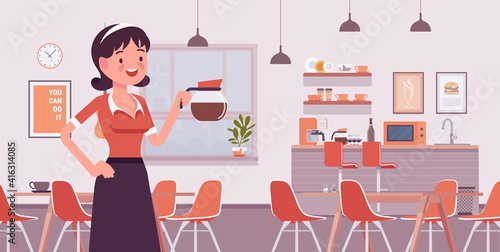 Small scale business-owner, privately owned cafe shop. Young woman, successful entrepreneur, individual start up project for selling light meals and drinks. Vector flat style cartoon illustration