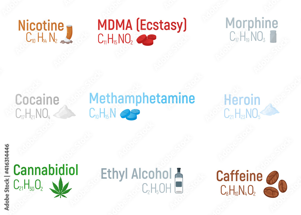 Set of concept 9 narcotic chemical formula icon label, text font vector illustration, isolated on white. Periodic element table, addictive drug. Set of concept 9 narcotic chemical formula icon label, text font vector illustration, isolated on white. Periodic element table, addictive drug.