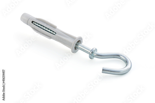 Plastic expansion plug with zinc plated steel hook C-type, isolated, photo stacking © MaxCab