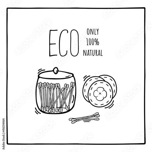 Cotton buds made from natural materials in a glass jar, glass. Cotton pads. Eco friendly, recyclable, organic, vegetarian, vegan. Vector illustration in cartoon, doodle style. Monochrome image