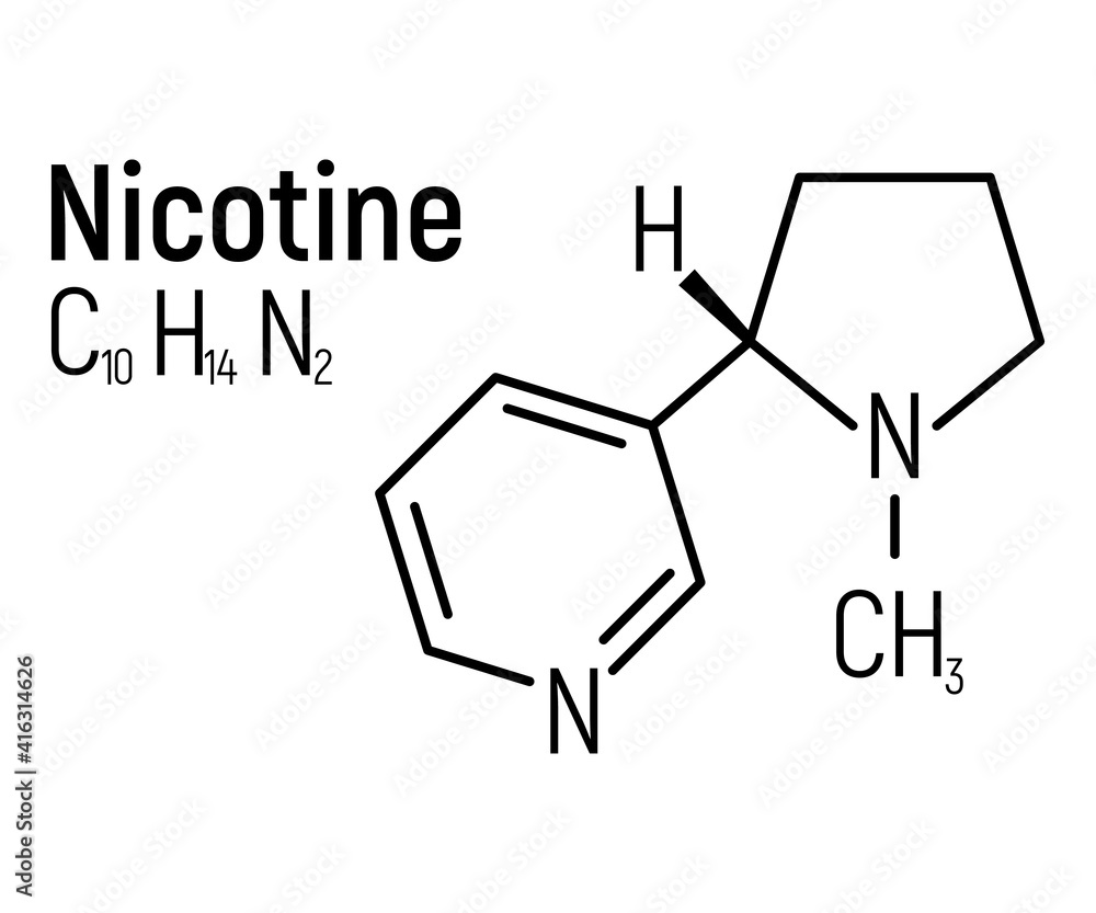 Nicotine concept chemical formula icon label, text font vector illustration, isolated on white. Periodic element table, addictive drug. Nicotine concept chemical formula icon label, text font vector illustration, isolated on white. Periodic element table, addictive drug.
