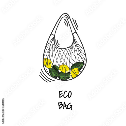 Textile, recyclable eco bag, shopping bag. Environmentally friendly packaging, zero waste. Organic food, vegetarian food in eco-friendly packaging Cartoon, doodle style.