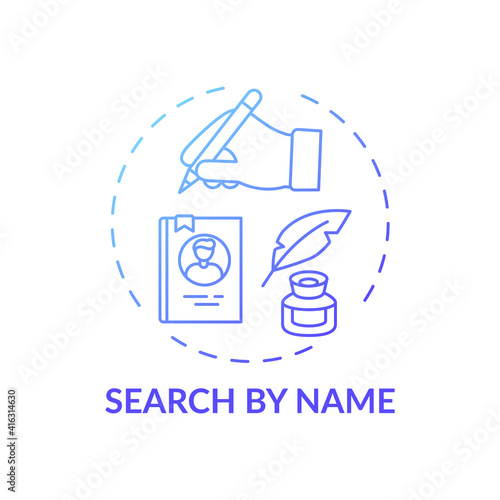 Search by name concept icon. Friendly search tools idea thin line illustration. Online library searching system. New technology. Information access. Vector isolated outline RGB color drawing