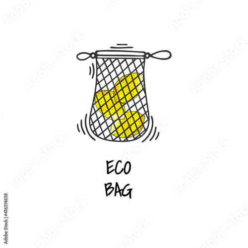 Textile, recyclable eco bag, shopping bag. Environmentally friendly packaging, zero waste. Organic food, vegetarian food in eco-friendly packaging Cartoon, doodle style.