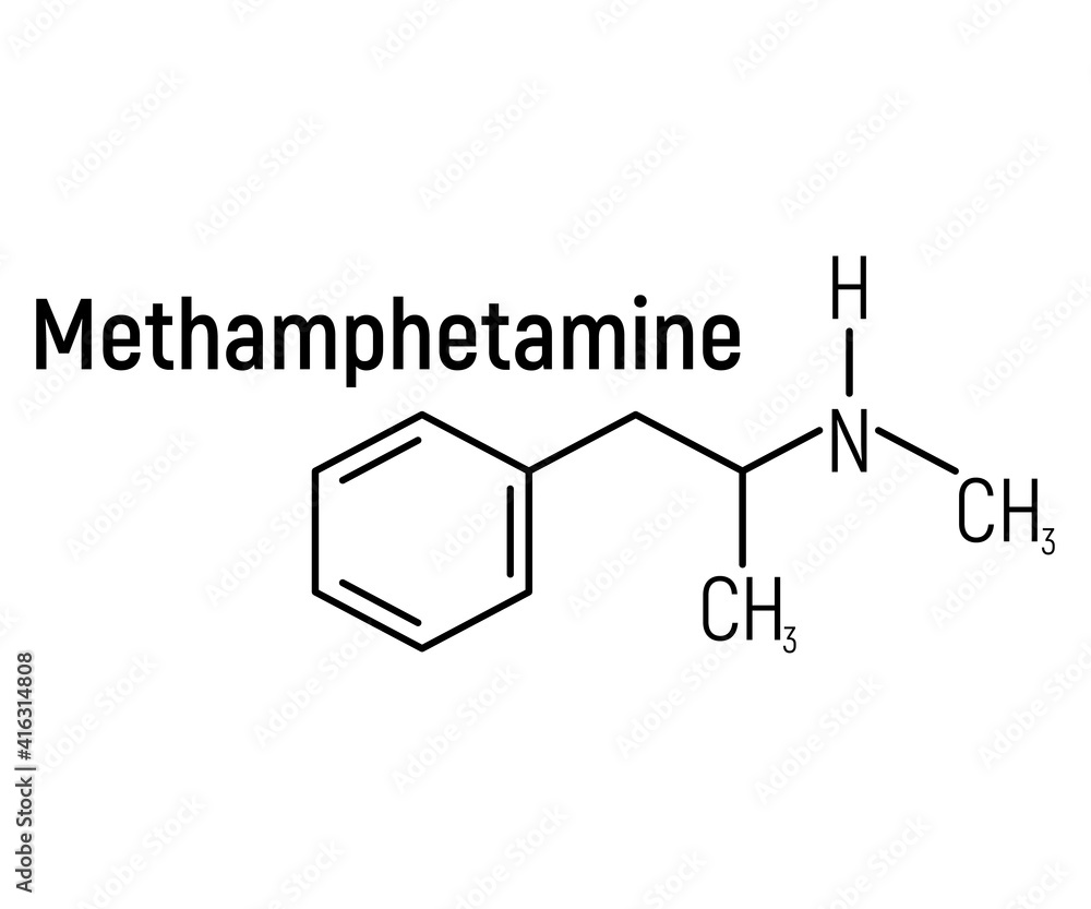 Methamphetamine concept chemical formula icon label, text font vector illustration, isolated on white. Periodic element table, addictive drug. Methamphetamine concept chemical formula icon label, text font vector illustration, isolated on white. Periodic element table, addictive drug.