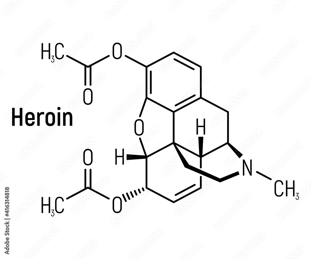 Heroin concept chemical formula icon label, text font vector illustration, isolated on white. Periodic element table, addictive drug.