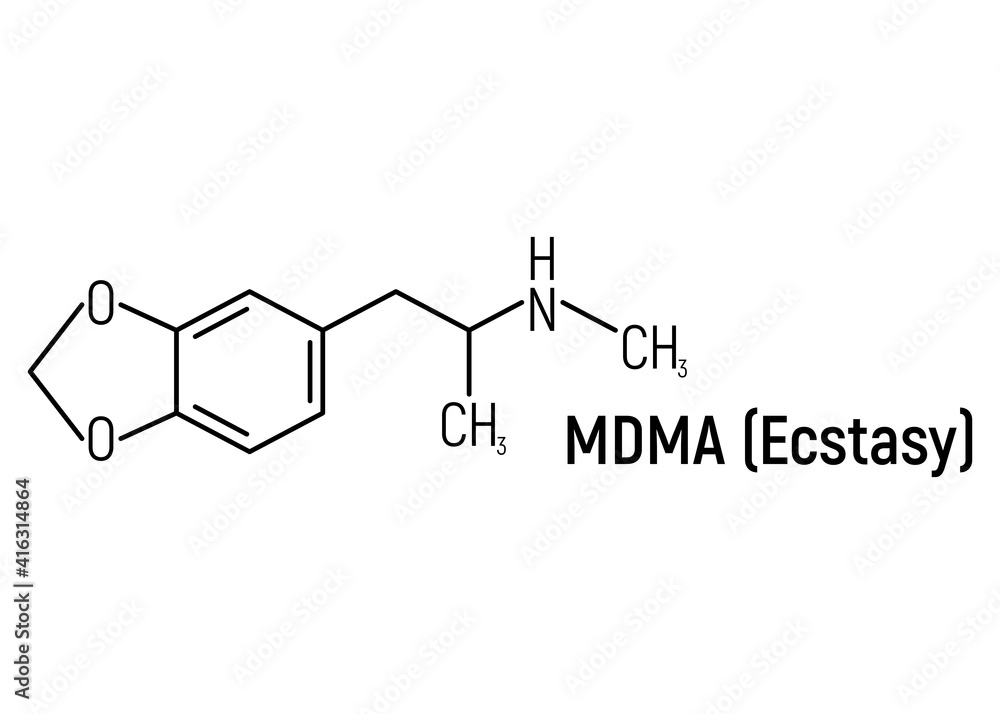 MDMA ecstasy concept chemical formula icon label, text font vector illustration, isolated on white. Periodic element table, addictive drug.