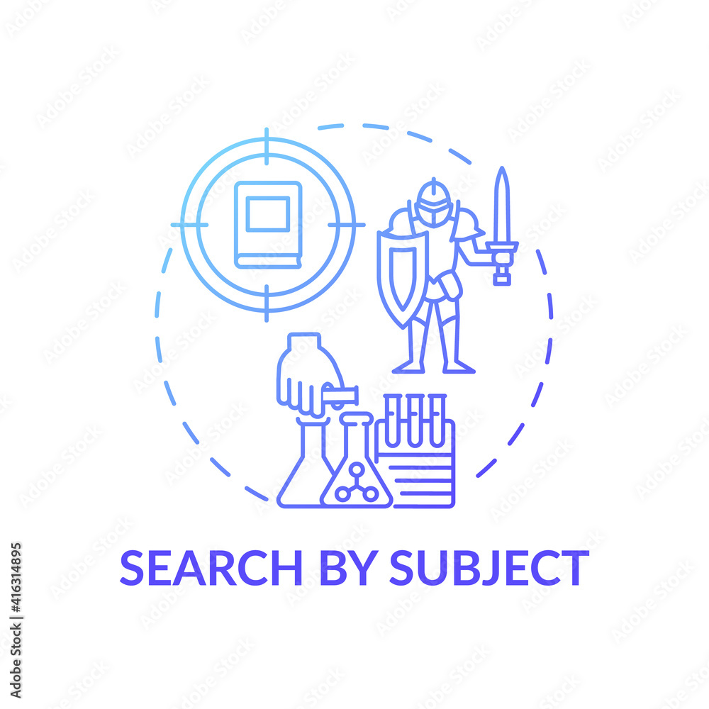 Search by subject concept icon. Online library search options idea thin line illustration. New technology. Information access optimzization. Vector isolated outline RGB color drawing