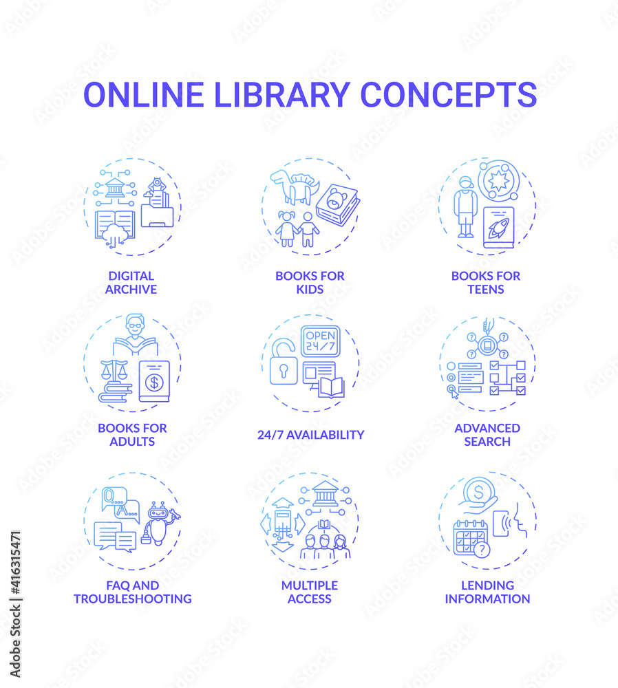 Online library oncept icons set. Getting access to information idea thin line RGB color illustrations. New technology. Digital. Types of digital libraries. Vector isolated outline drawings