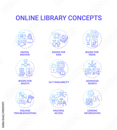 Online library oncept icons set. Getting access to information idea thin line RGB color illustrations. New technology. Digital. Types of digital libraries. Vector isolated outline drawings
