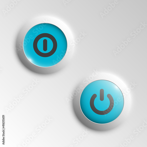 web round button on and off mark patch of reflected light for website or app. Isolated bell button sign with border, reflection and shadow on background. button inclusion mark