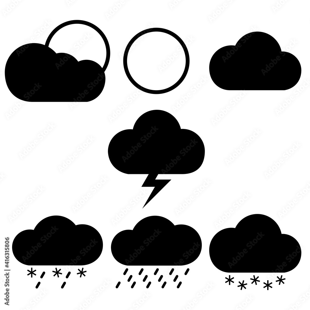 Seven vector black and white weather icons Seven vector black and white weather icons