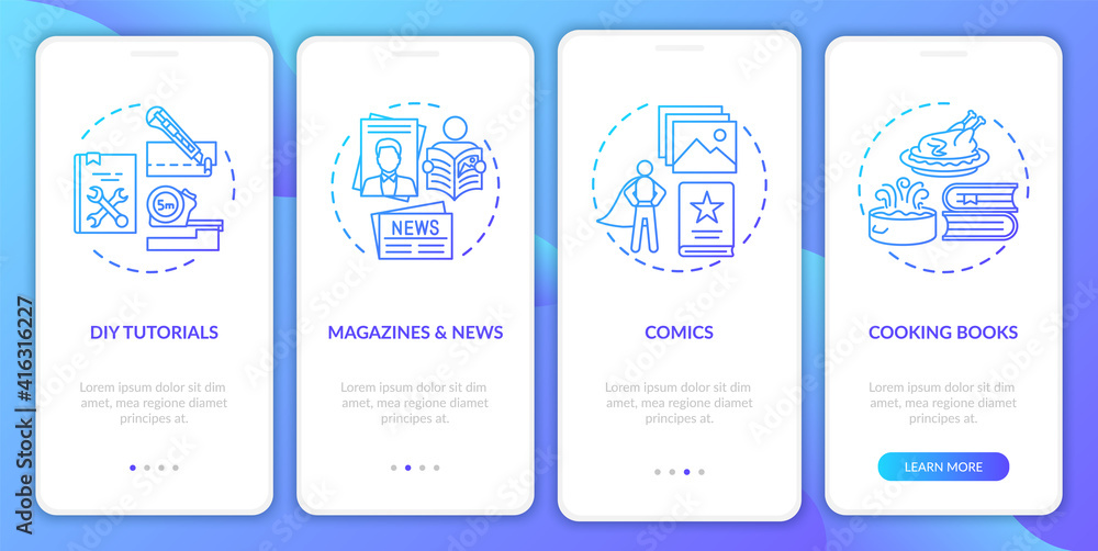 Fototapeta premium Online library catalogue onboarding mobile app page screen with concepts. DIY Tutorials, cooking books walkthrough 4 steps graphic instructions. UI vector template with RGB color illustrations