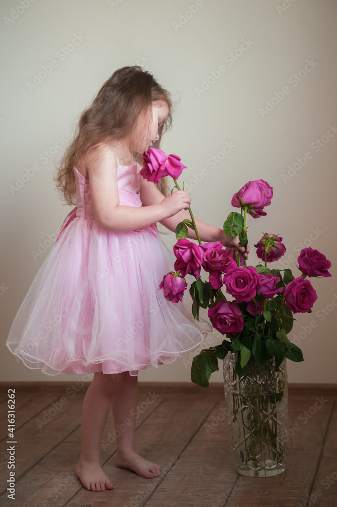 A cute little girl with long hair in a beautiful pink dress chooses a flower from a vase with roses that have faded a little