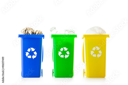 Recycling sorting. Bin container for disposal garbage waste and save environment. Yellow, green, blue dustbin for recycle plastic, paper and glass can trash isolated on white background.