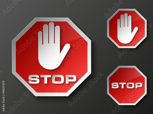 STOP palm icon, No entry icon, road sign, danger badge