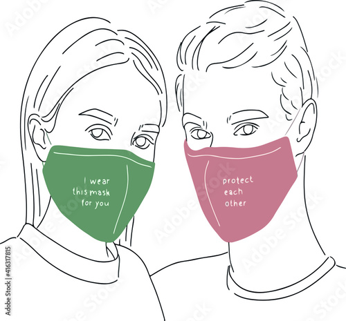 Young couple wearing mask. Woman and man protecting from illness. COVID-19 theme. . Wear mask theme.
