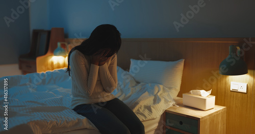 Obraz na plátně woman feel depress in bedroom