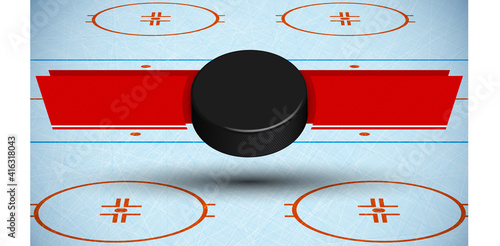 template for tournament with ice hockey puck on background of sport ice rink with ribbons for announcement of names of teams. Vector