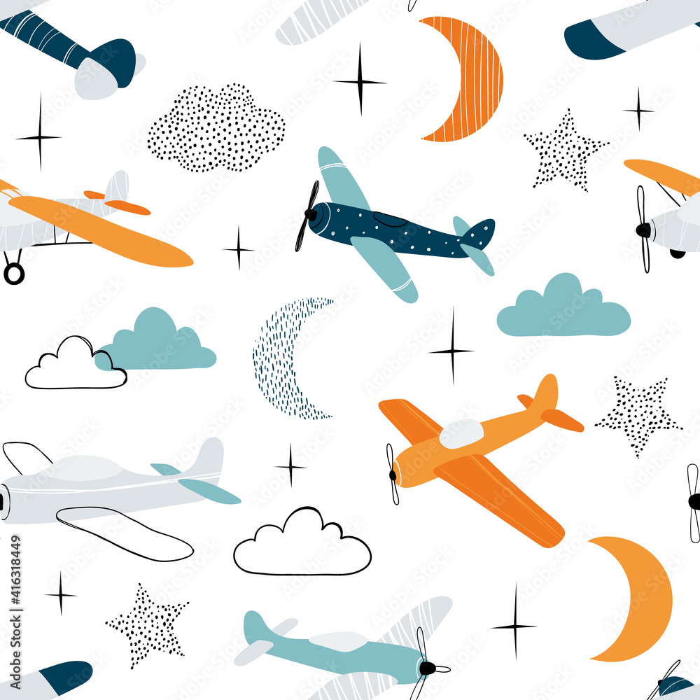 Vetor de Vector hand-drawn seamless repeating children simple pattern with  aircraft, clouds, moon and stars in Scandinavian style on a white  background.Kids seamless pattern with planes. Funny airplanes. do Stock