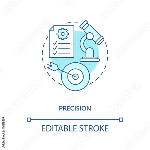 Precision concept icon. Testing theory and hypothesis idea thin line illustration. Measuring theoretical. Object measurement. Vector isolated outline RGB color drawing. Editable stroke