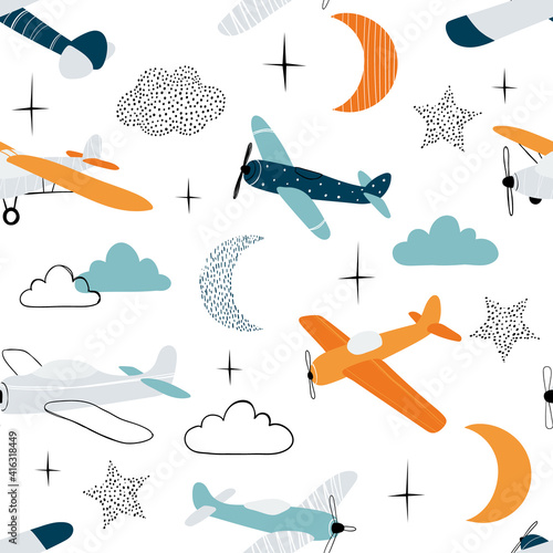 Vector hand-drawn seamless repeating children simple pattern with aircraft, clouds, moon and stars in Scandinavian style on a white background.Kids seamless pattern with planes. Funny airplanes.