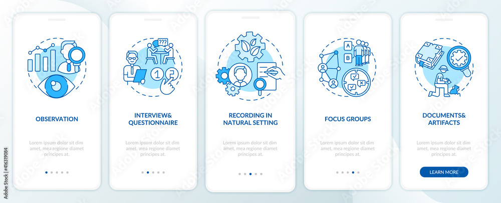 Making records in natural setting onboarding mobile app page screen with concepts. Observation walkthrough 5 steps graphic instructions. UI vector template with RGB color illustrations