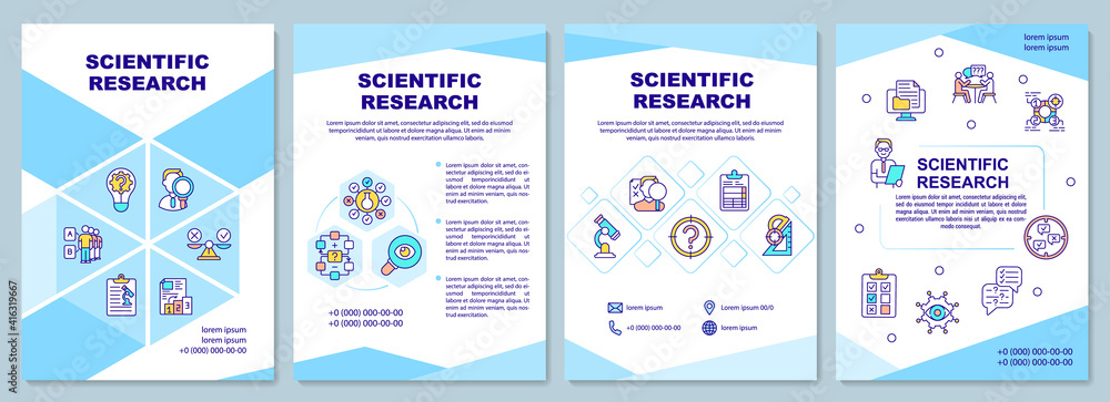Scientific research brochure template. Search for new information. Flyer, booklet, leaflet print, cover design with linear icons. Vector layouts for magazines, annual reports, advertising posters